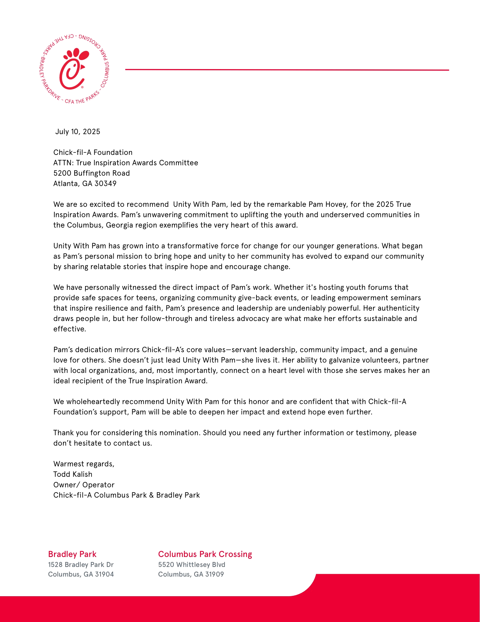 Showcase recommendation/testimonial letter from Chick Fli A Foundation